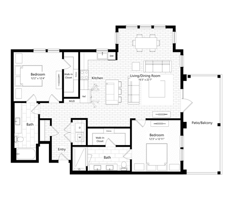 Floor plan for 2 beds, 2 baths, 1382 sqft